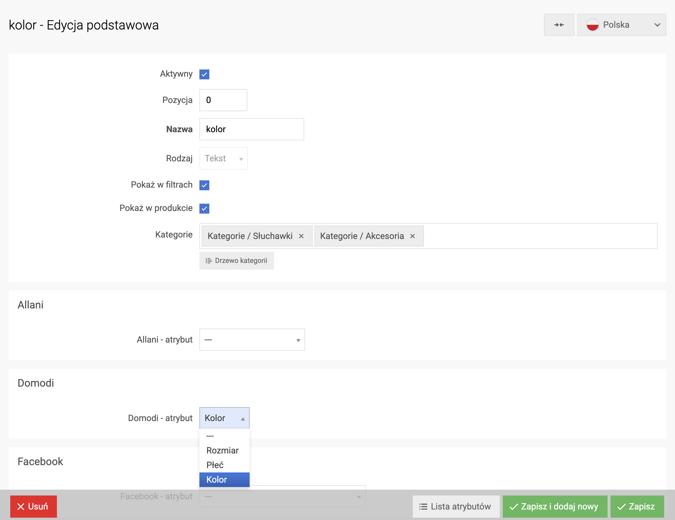 Lista atrybutów wymaganych przez Domodi